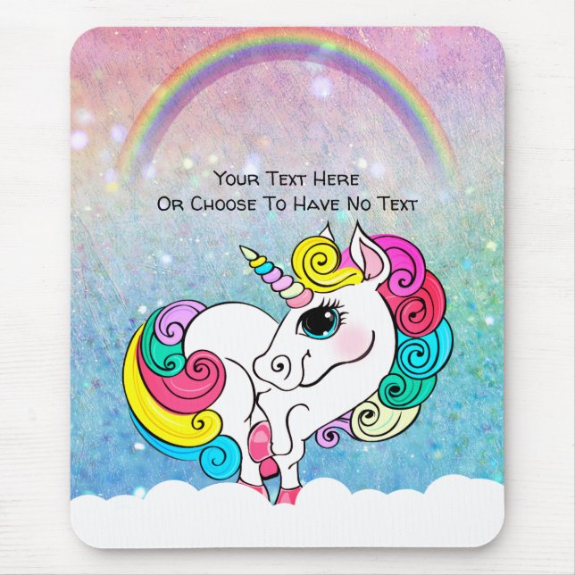 Custom Text/ White Unicorn Rainbow Glitter Sequins Mouse Pad (Front)