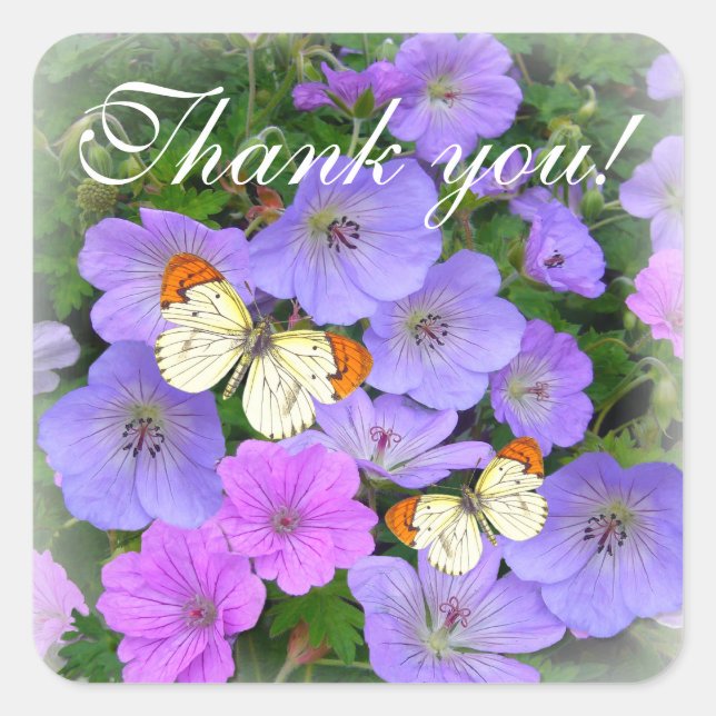 Custom Text  Wild Geranium with Butterflies Square Sticker (Front)