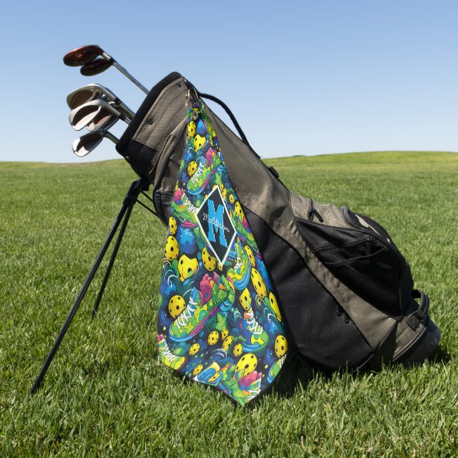 Custom text with Psychedelic pickleballs Golf Towel (Green)