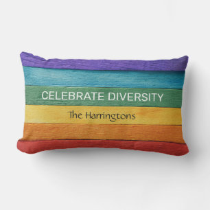 Custom Text Wood-Textured Rainbow Flag Lumbar Pillow