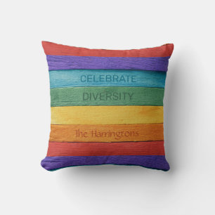 Custom Text Wood-Textured Rainbow Throw Pillow