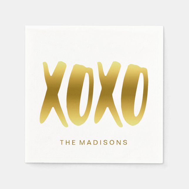 Custom Text XOXO Hugs and Kisses Faux Gold Script Napkin (Front)