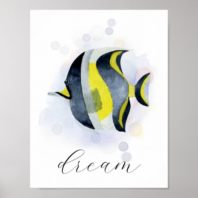 Custom Text Yellow Blue Tropical Fish Ocean Theme Poster (Front)