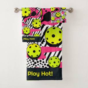 Custom text yellow pickleballs on pink bath towel set