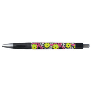 Custom text yellow pickleballs on pink pen