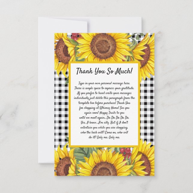 Custom Thank You Card – Black Gingham & Sunflowers (Front)