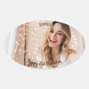 Custom Thank You Simple Modern 21st Birthday Photo Oval Sticker