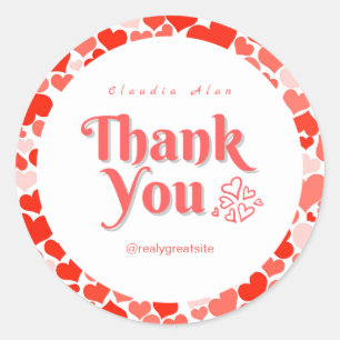 Custom Thank You with Red Heart Feminine  Classic Round Sticker