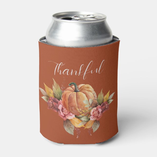 Custom Thankful Thanksgiving Autumn Orange Pumpkin Can Cooler (Can Front)