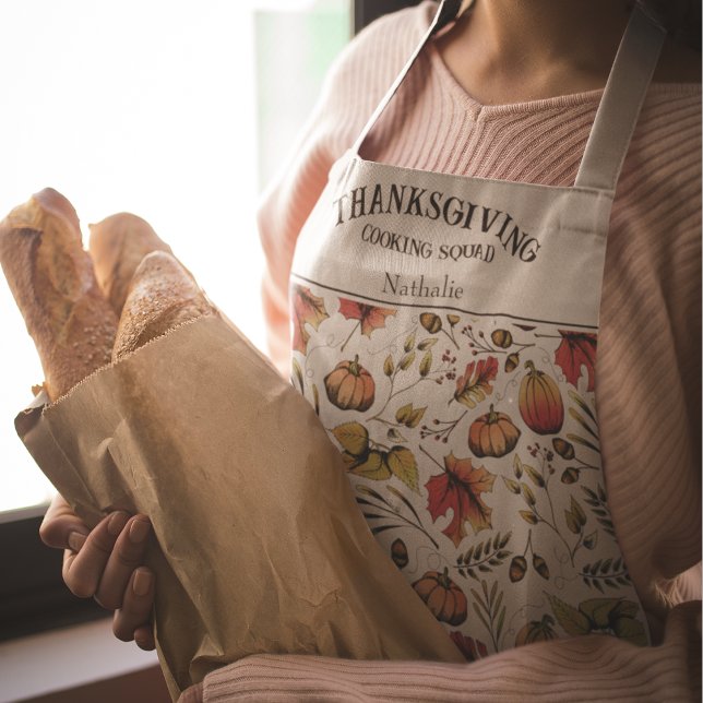 Custom Thanksgiving Cooking Squad Fall Harvest Apron (Elegant Autumn Hand-Drawn Apron with Pumpkins, Oak Leaves, Fall Foliage, Acorns. Personalized Name.)