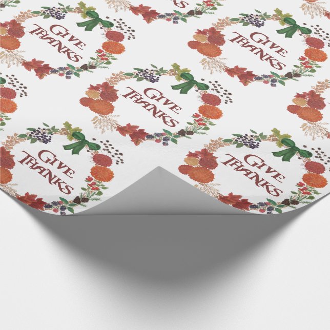 Custom Thanksgiving Give Thanks Fall Wreath Wrapping Paper (Corner)