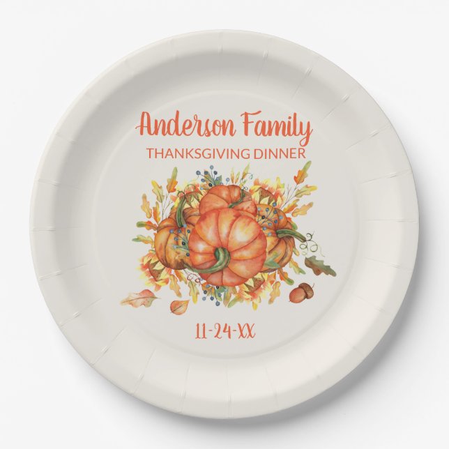 Custom Thanksgiving Orange Pumpkins Fall Leaves   Paper Plate (Front)