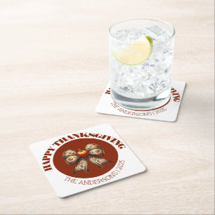 Custom Thanksgiving white &brown elegant Pumpkins Square Paper Coaster