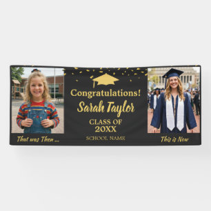 Custom Then and Now 2 Photo Graduation Gold Black Banner
