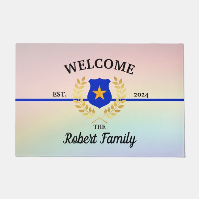 Custom Thin Blue Line Police Badge Welcome Doormat (Front)