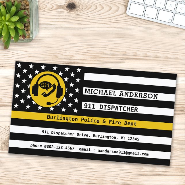 Custom Thin Gold Line American Flag 911 Dispatcher Business Card (Creator Uploaded)