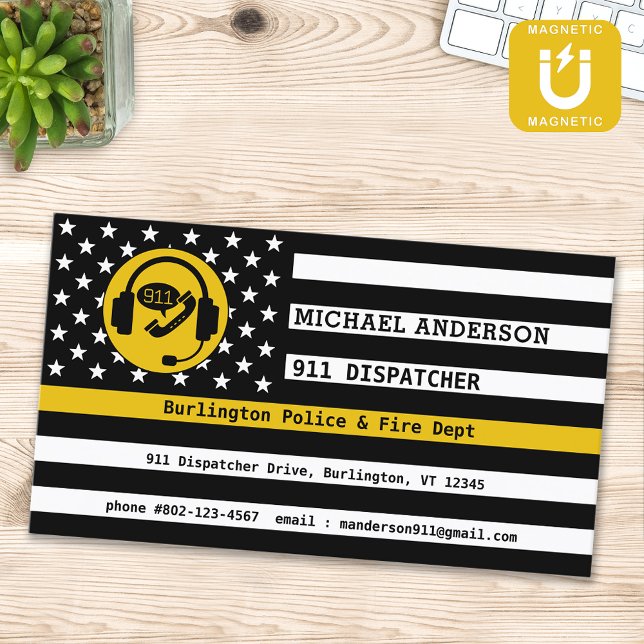 Custom Thin Gold Line American Flag 911 Dispatcher Magnetic Business Card (Creator Uploaded)