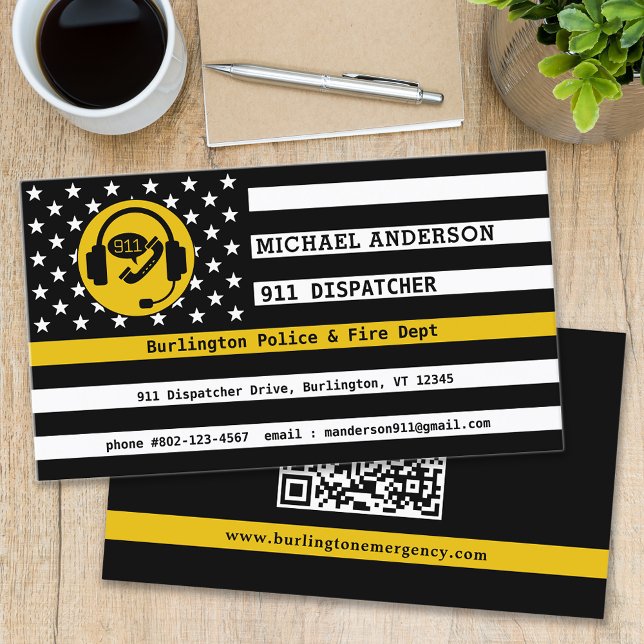 Custom Thin Gold Line Flag QR Code 911 Dispatcher Business Card (Creator Uploaded)