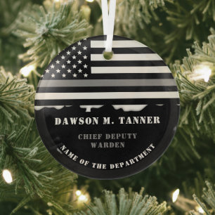 Custom Thin Grey Line Corrections Officer Gifts Glass Ornament