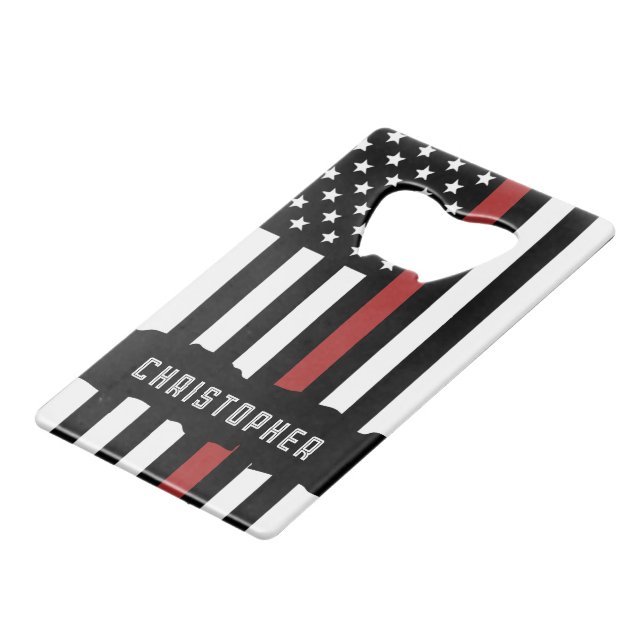 Custom Thin Red Line USA Flag Firefighter Credit Card Bottle Opener (Front Angled)