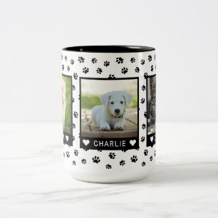 Custom Three Pet Photos Names Black Paw Prints Two-Tone Coffee Mug