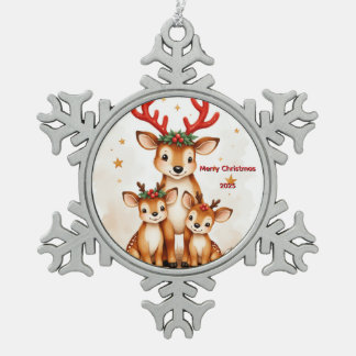 Custom Three Reindeer Snowflake Pewter Christmas Ornament