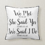 Custom Throw Pillow for Newly Weds Wedding Gift<br><div class="desc">This custom throw pillow features a white background and two black frames around the border. There are three special dates printed on the pillow with the phrase "We Met" followed by the date the couple met, the phrase "she said yes" printed second with the date of the proposal, the last...</div>