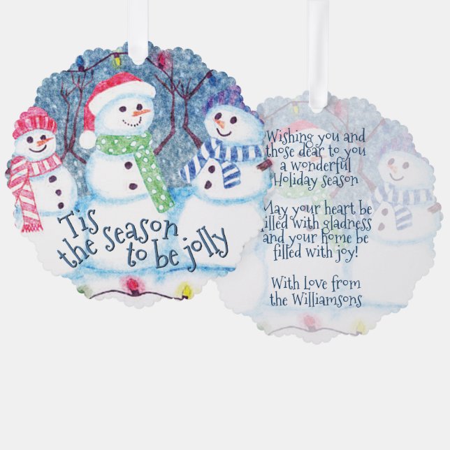 Custom Tis The Season To Be Jolly Funny Snowmen Ornament Card (Front/Back)