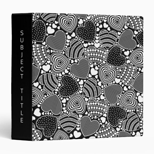 Custom Title Black Decorative Hearts Pattern Binder (Front/Spine)