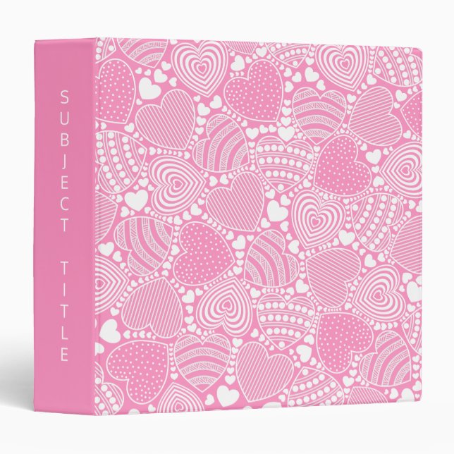 Custom Title Pink Decorative Hearts Pattern Binder (Front/Spine)