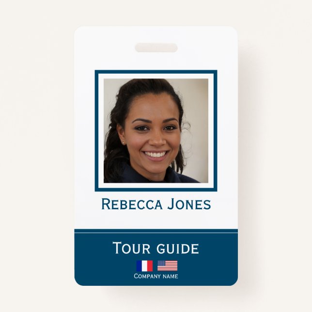 Custom tour guide photo name langage badge ID card (Front)