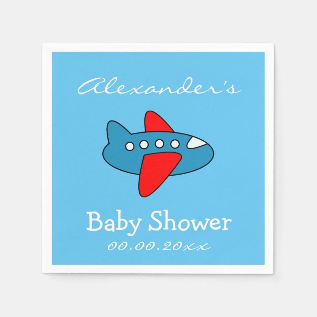 Custom toy airplane baby shower napkins for boy (Front)