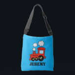 Custom toy train cross body bags for school kids<br><div class="desc">Custom toy train cross body bags for school kids. Red choo choo train locomotive design. Also available as tote bag for school books, groceries, shopping, office work and more. Blue or custom background colour. Fun Birthday party favour gift idea for son, grandson, nephew, boy, girl, daughter etc. Add your own...</div>