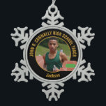 Custom Track & Field Photo High School Runner Snowflake Pewter Christmas Ornament<br><div class="desc">This cool customized high school track team athlete photo gift features gold typography of your team on a snowflake shaped Christmas ornament with a running track on a black background. Personalize with your student's photograph and class year as a proud runner parent.</div>