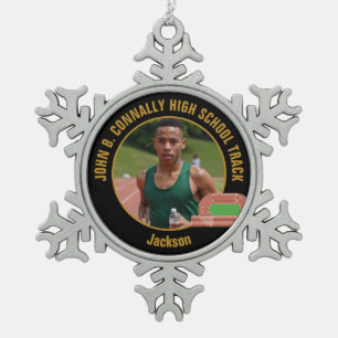 Custom Track & Field Photo High School Runner Snowflake Pewter Christmas Ornament