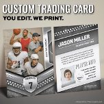 Custom Trading Card, Black Silver Sport Template Calling Card<br><div class="desc">Score big with this custom sports trading card featuring a sleek, modern design! Perfect for young athletes, sports teams, or sports fans of any kind, this editable trading card template lets you personalize player stats, team name, and photos for a professional, collectable look. Whether it’s for football, basketball, soccer, baseball,...</div>