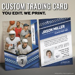 Custom Trading Card, Blue Silver Sport Template Calling Card<br><div class="desc">Score big with this custom sports trading card featuring a sleek, modern design! Perfect for young athletes, sports teams, or sports fans of any kind, this editable trading card template lets you personalize player stats, team name, and photos for a professional, collectable look. Whether it’s for football, basketball, soccer, baseball,...</div>
