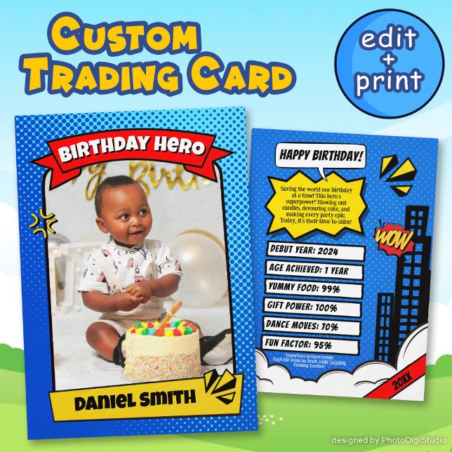 Custom Trading Card, First Birthday Favours Comic  Calling Card (Custom Comic Birthday Trading Card Birthday Favors)