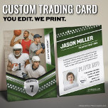 Custom Trading Card, Green Silver Sport Template Calling Card<br><div class="desc">Score big with this custom sports trading card featuring a sleek, modern design! Perfect for young athletes, sports teams, or sports fans of any kind, this editable trading card template lets you personalize player stats, team name, and photos for a professional, collectable look. Whether it’s for football, basketball, soccer, baseball,...</div>