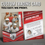 Custom Trading Card, Red Silver Sport Template Calling Card<br><div class="desc">Score big with this custom sports trading card featuring a sleek, modern design! Perfect for young athletes, sports teams, or sports fans of any kind, this editable trading card template lets you personalize player stats, team name, and photos for a professional, collectable look. Whether it’s for football, basketball, soccer, baseball,...</div>