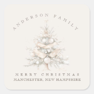 Custom traditional family white Christmas tree Square Sticker