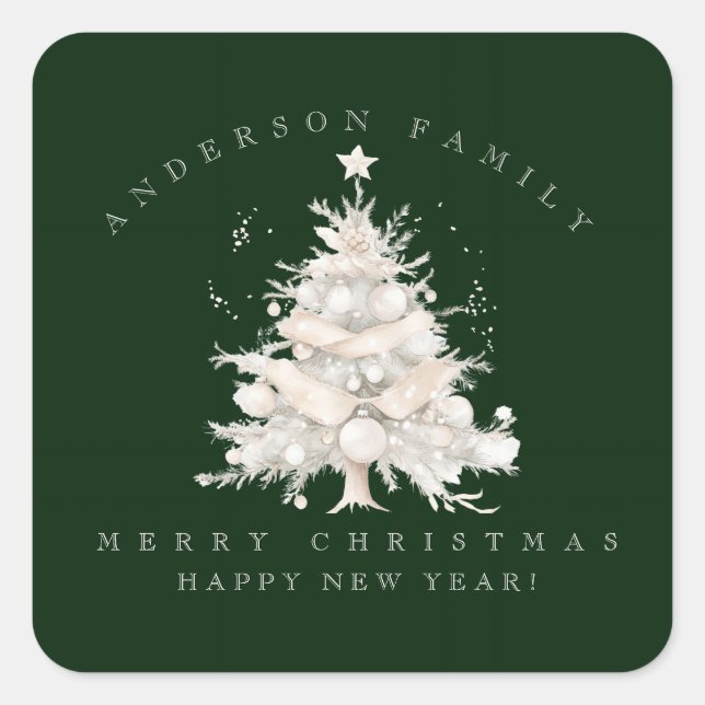 Custom traditional family white Christmas tree Square Sticker (Front)