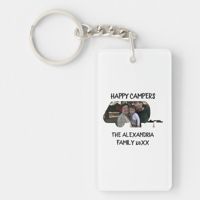 Custom trailer caravan family photo happy campers keychain (Front)