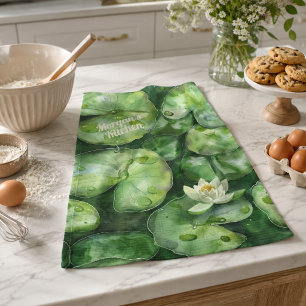 Custom Tranquil Watercolor Pond Lotus Art Gift Kitchen Towel