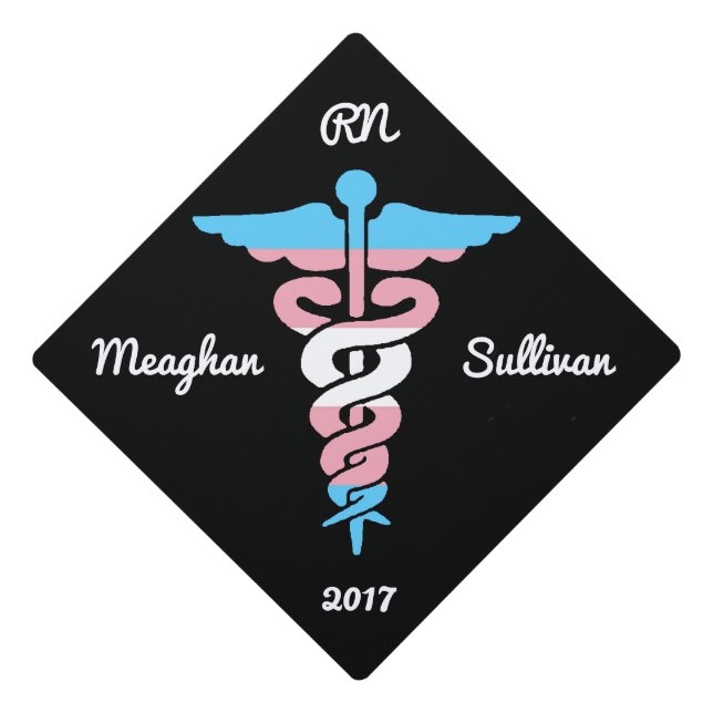 Custom Transgender Pride Medical Symbol Caduceus Graduation Cap Topper (Front)