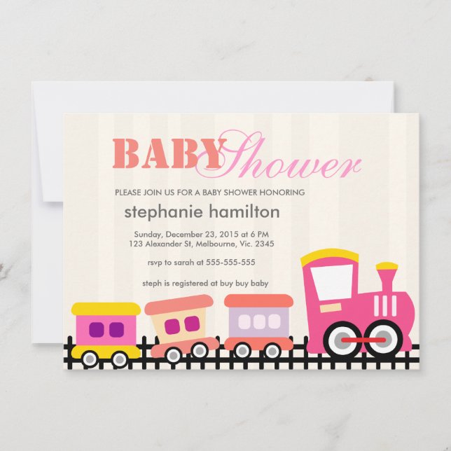 Custom transportation train baby girl shower invitation (Front)