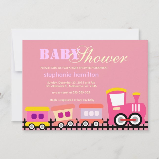Custom transportation train baby girl shower invitation (Front)
