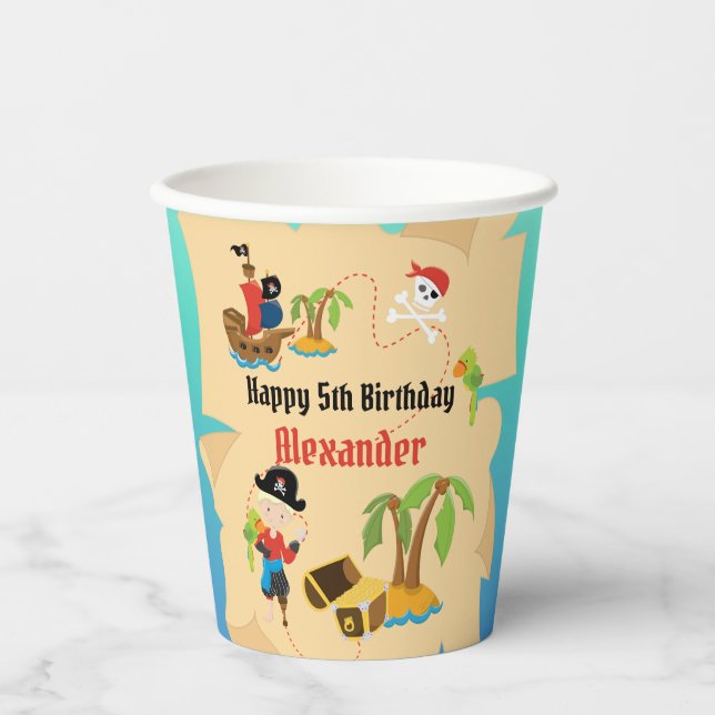 Custom Treasure Map Boy Pirate Birthday Party Paper Cups (Front)