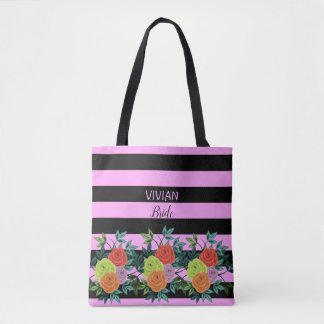 Custom Trendy Black Pink Stripes & Flowers Bride Tote Bag
