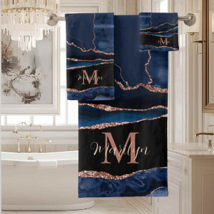 Custom Trendy Navy Blue Agate Rose Gold Glitter Bath Towel Set